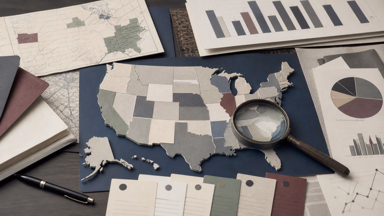 U.S. map, evidence cards, and charts used for market validation